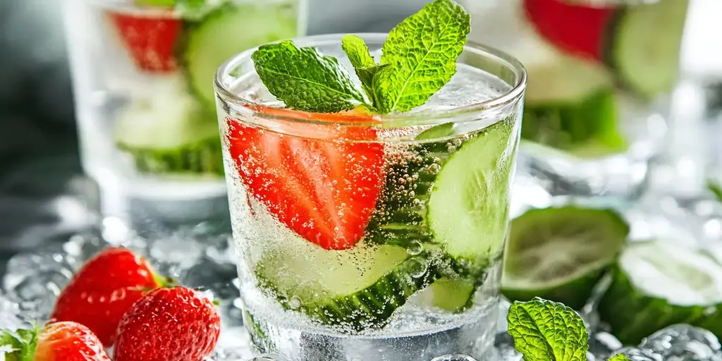 Un beau mélange de boissons, incluant smoothies, café et thé glacé, entouré de fruits frais et d'herbes sur une table en bois.