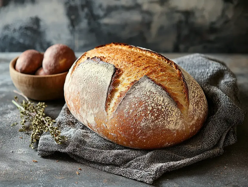 Un pain fraîchement cuit reposant sur un tissu texturé, accompagné d'un bol de pommes de terre et de brins d'herbes séchées.