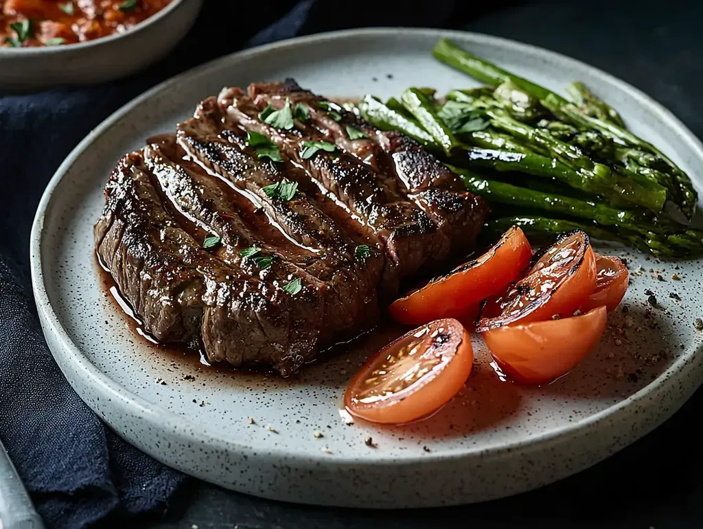 Un steak grillé garni d'herbes, accompagné de tomates rôties et d'asperges, élégamment dressé sur une assiette claire mouchetée.