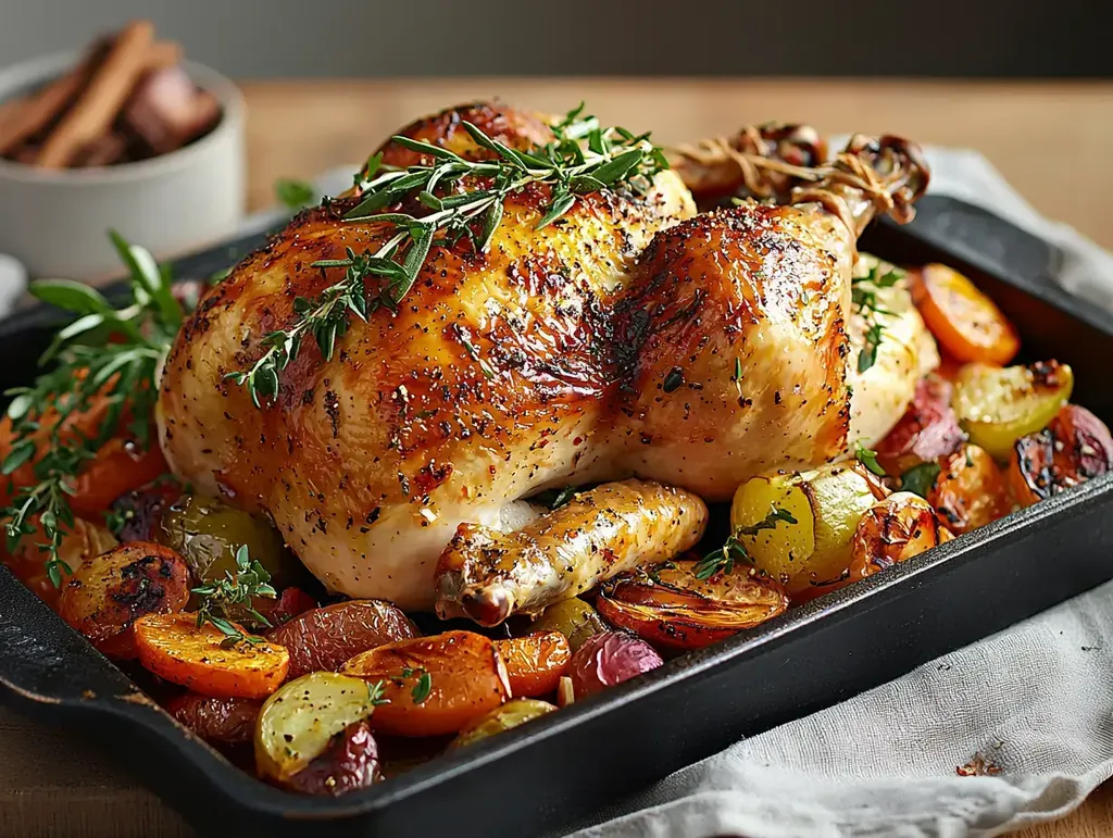 Un poulet rôti entier garni d'herbes fraîches, entouré de légumes colorés et caramélisés sur une plaque de cuisson.