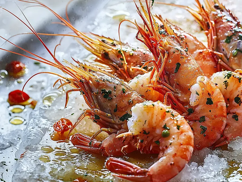 Gros plan sur des crevettes fraîchement cuites garnies d'herbes, reposant sur un lit de glace.