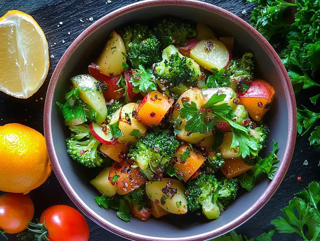 Une salade colorée avec des pommes de terre en dés, du brocoli et des pommes rouges, garnie de persil frais et de citron, entourée d'agrumes et de tomates.