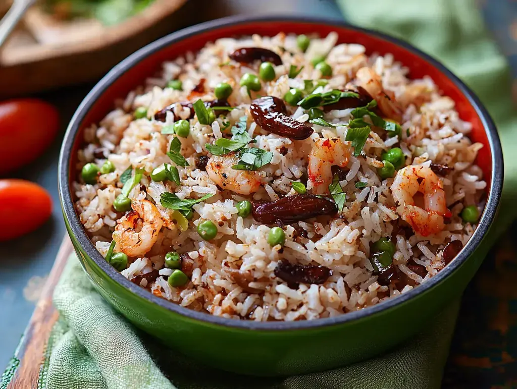 Un bol vibrant de riz aux crevettes garni de petits pois et d'herbes, posé sur un tissu vert, avec des tomates en arrière-plan.