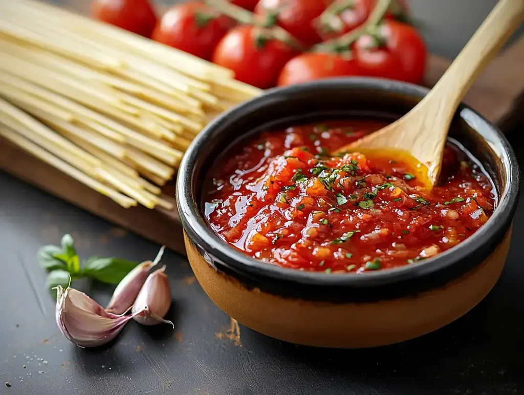 Un bol de sauce tomate riche garnie d'herbes, accompagné de gousses d'ail, de tomates fraîches et de spaghetti crus.