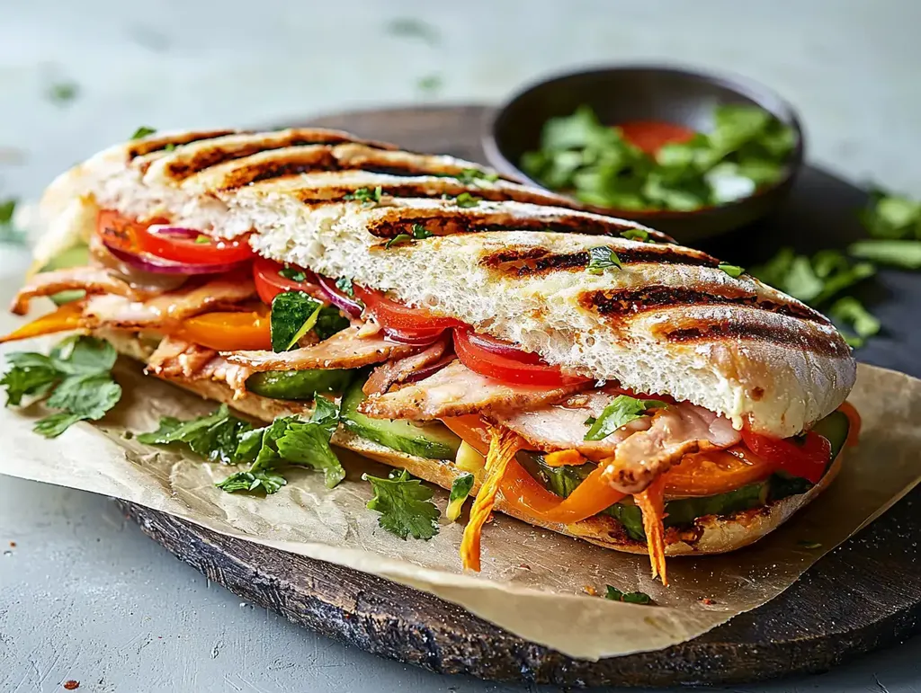 Un sandwich grillé garni de poulet tranché, de légumes colorés et d'herbes fraîches sur une planche en bois avec un petit bol de sauce en arrière-plan.