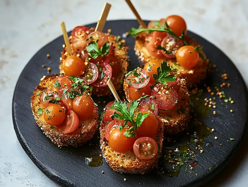 Une assiette de pain grillé garnie de tomates cerises colorées, d'herbes et arrosée d'huile d'olive.