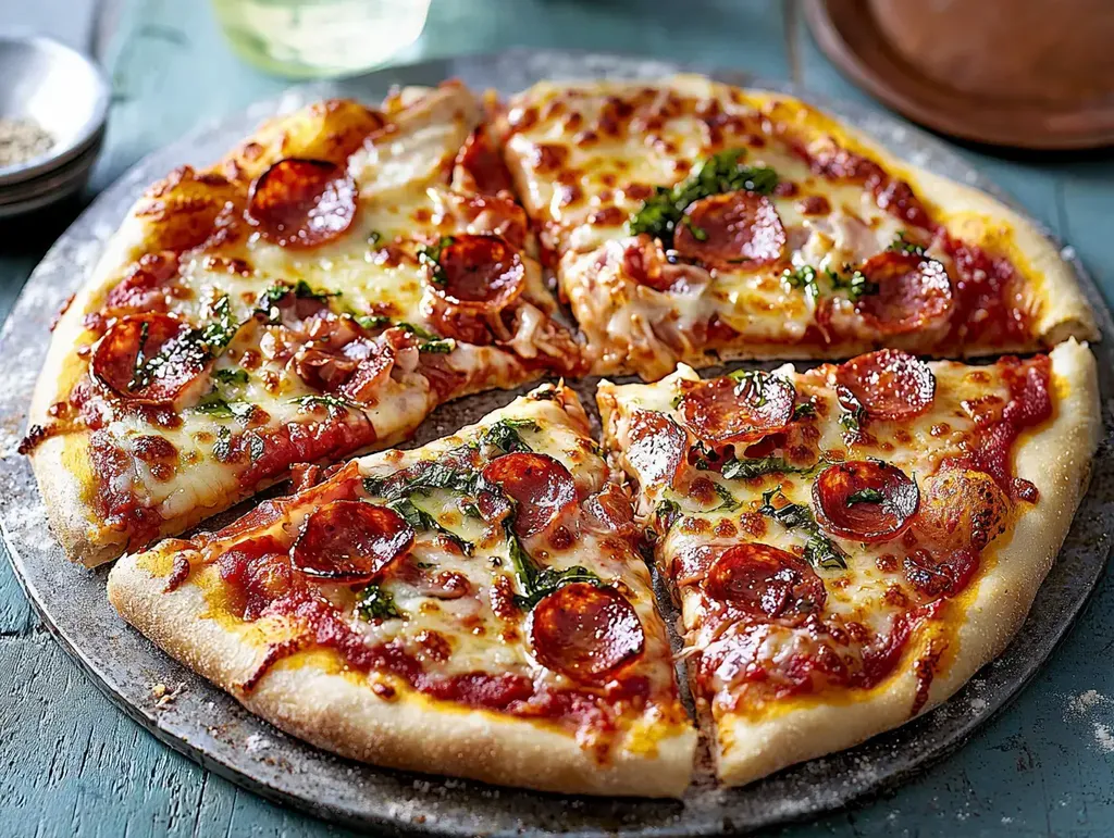 Une pizza au pepperoni fraîchement cuite avec du fromage fondu et du basilic, tranchée et disposée sur un plateau métallique.