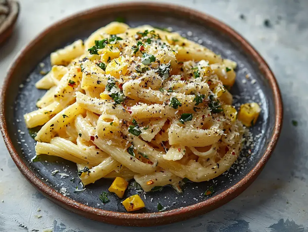 Une assiette de pâtes crémeuses garnies de fromage râpé, d'herbes et de légumes jaunes en dés.