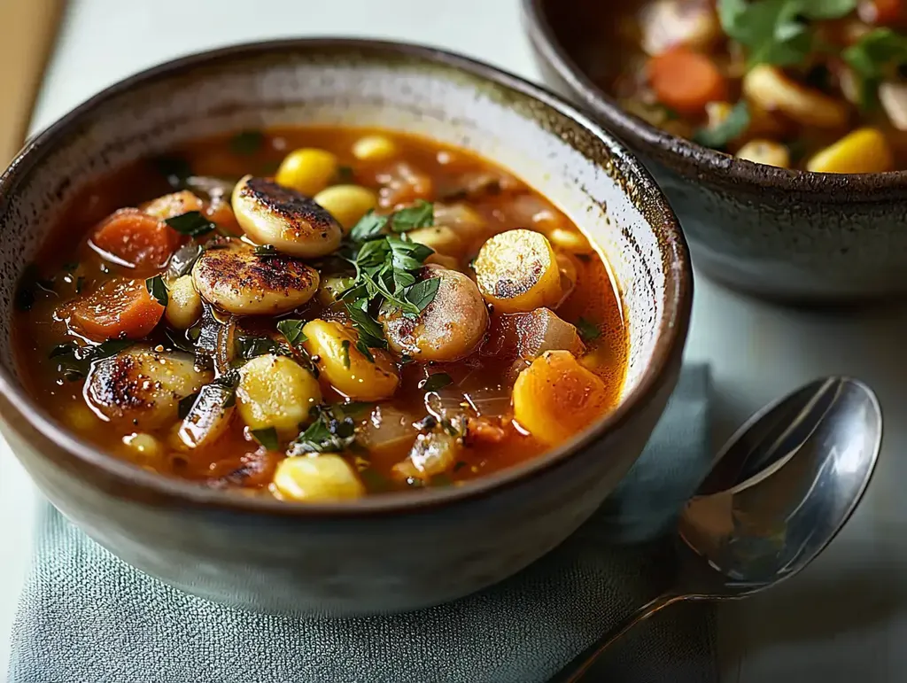 Gros plan d'un bol de soupe aux légumes copieuse remplie de carottes colorées, maïs et herbes, avec un second bol légèrement flouté en arrière-plan.