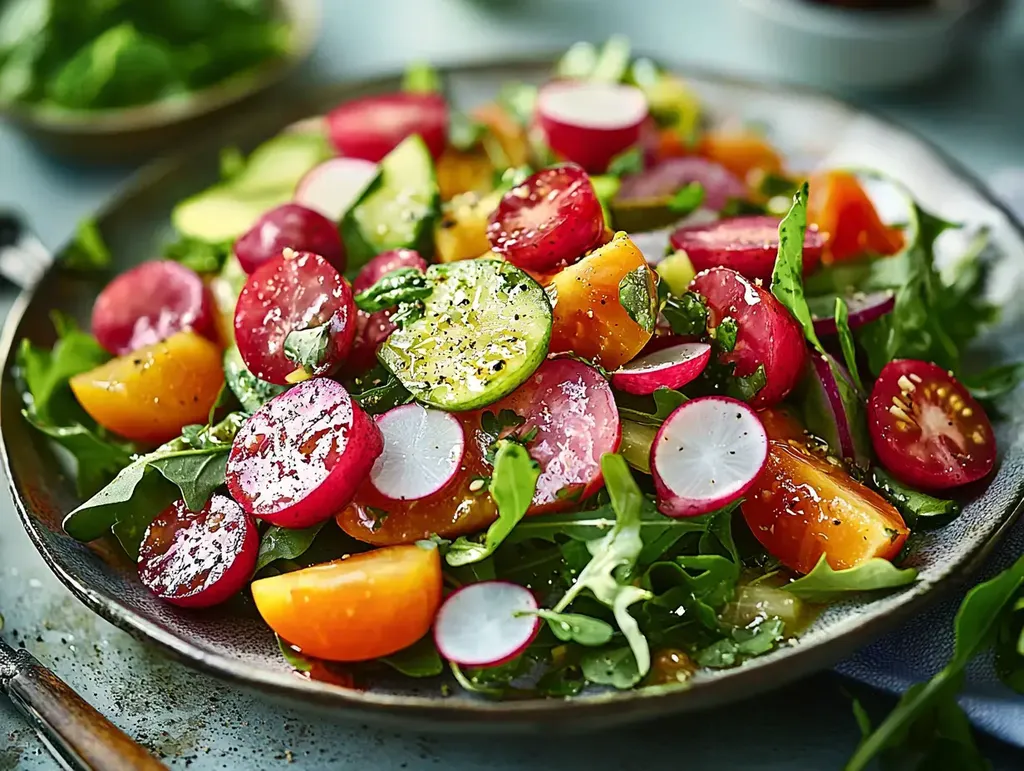 Une salade fraîche avec un mélange coloré de radis tranchés, concombres, tomates et roquette, arrosée de vinaigrette.