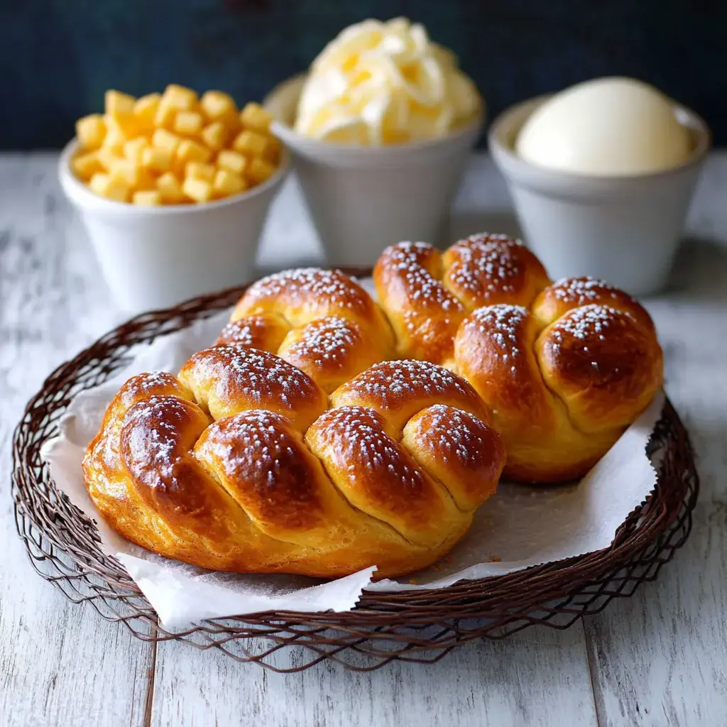 Une belle brioche tressée, dorée et sucrée, servie avec des fruits frais, lait et crème.