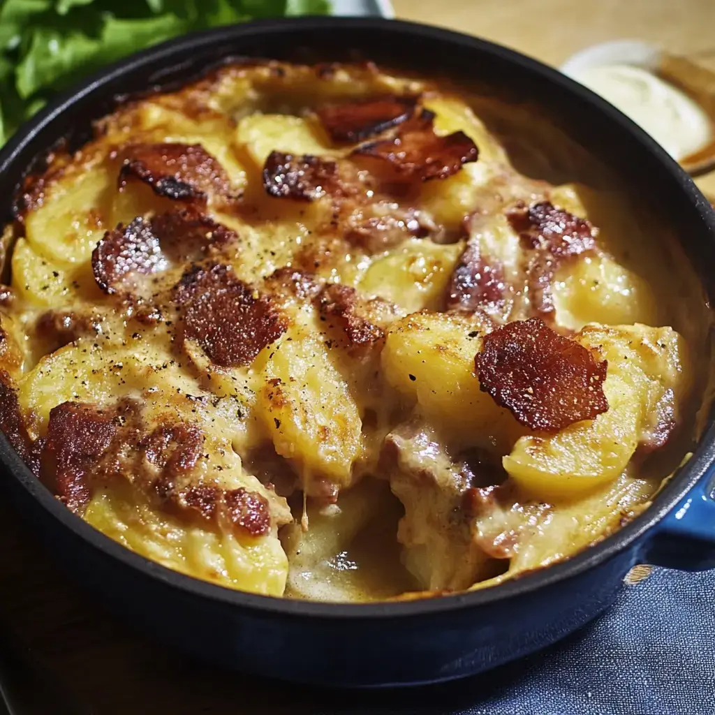 Gratin crémeux de pommes de terre avec bacon croustillant sur le dessus.
