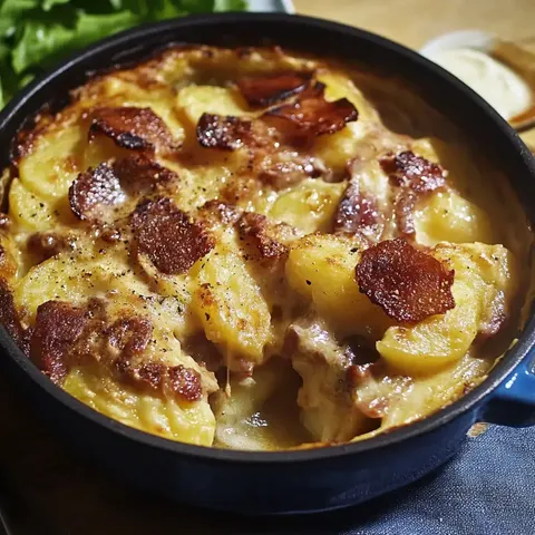Gratin crémeux de pommes de terre avec bacon croustillant sur le dessus.