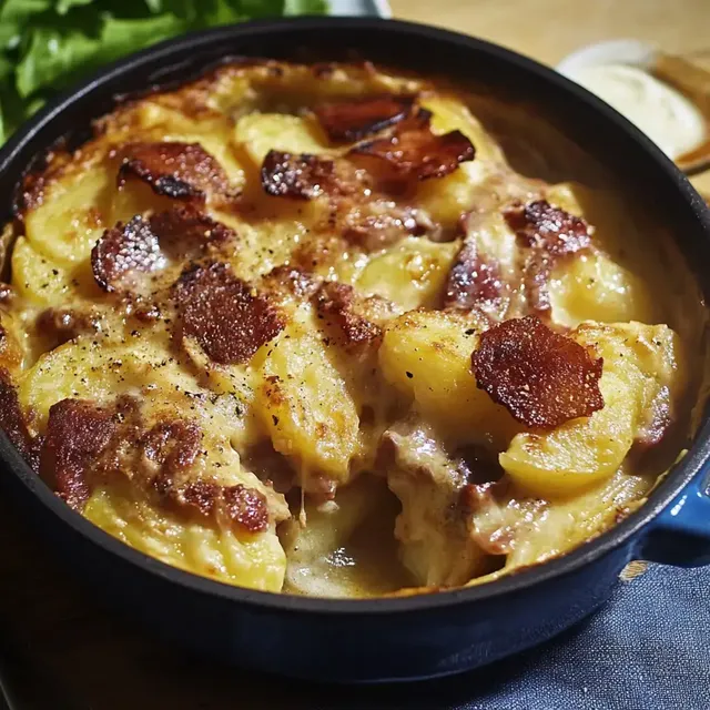 Gratin crémeux de pommes de terre avec bacon croustillant sur le dessus.