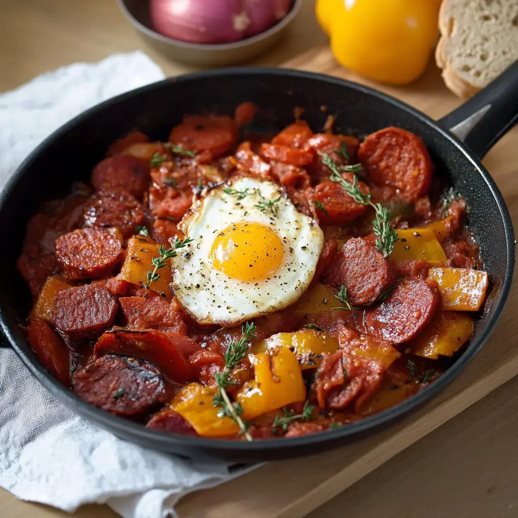 Dans une poêle, se mêlent chorizo grillé, tomates, poivrons avec un œuf parfaitement frit, garni de thym.