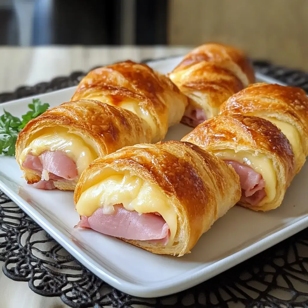 Petits pains roulés au jambon et fromage dorés, dressés sur une assiette blanche.