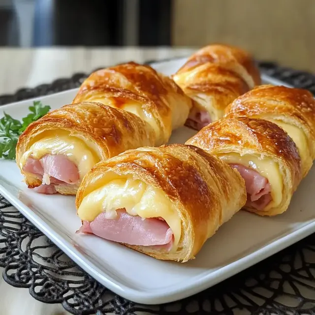 Petits pains roulés au jambon et fromage dorés, dressés sur une assiette blanche.