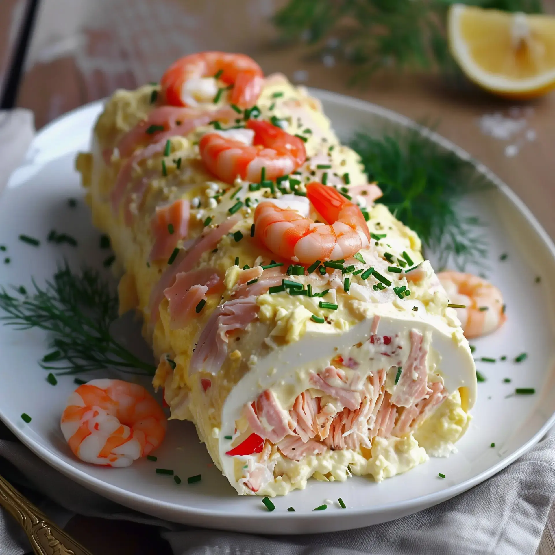 Un délicieux roulé garni de crabe, saumon fumé et herbes fraîches, décoré avec du citron.