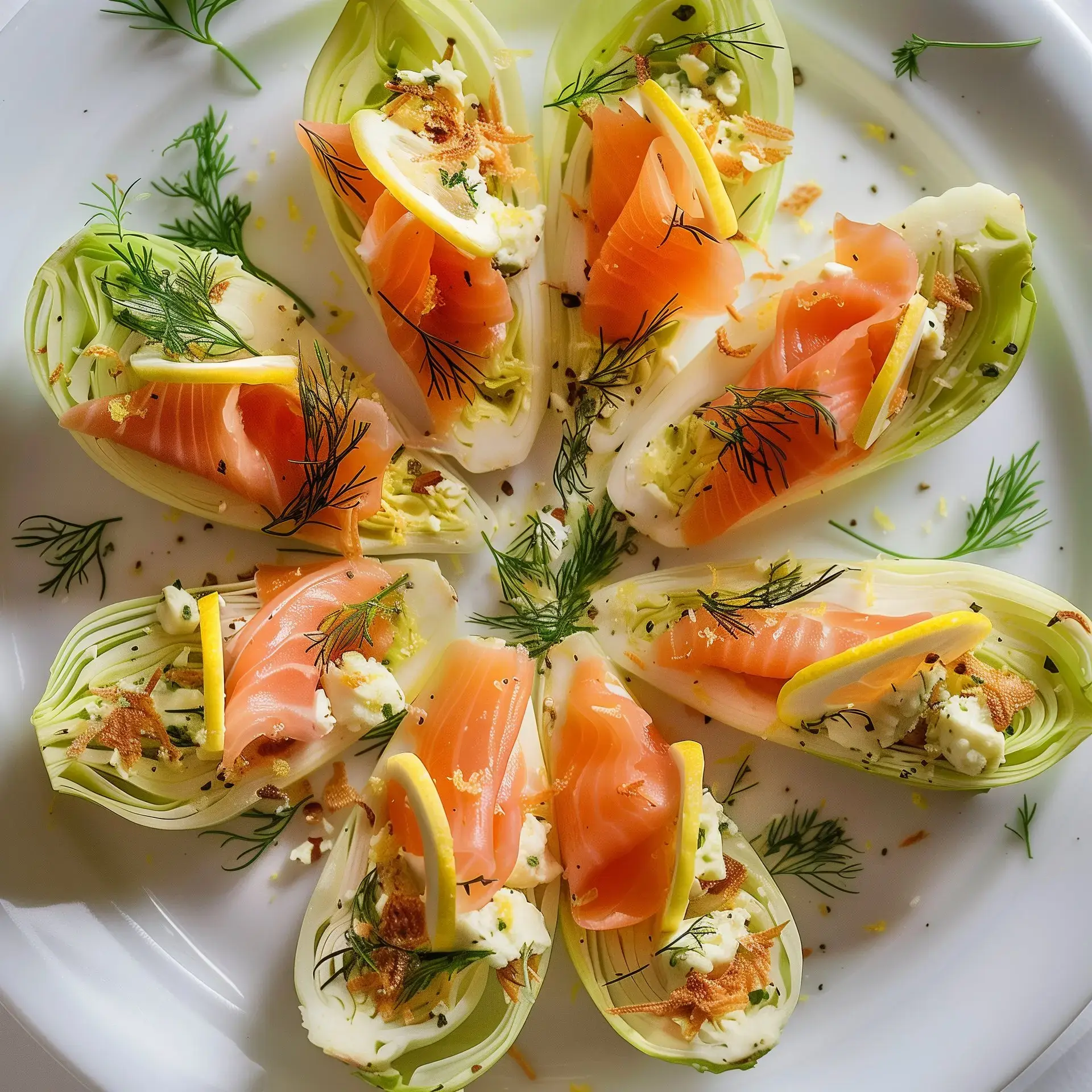 Plat d'endives avec garniture crémeuse au saumon fumé et citron.