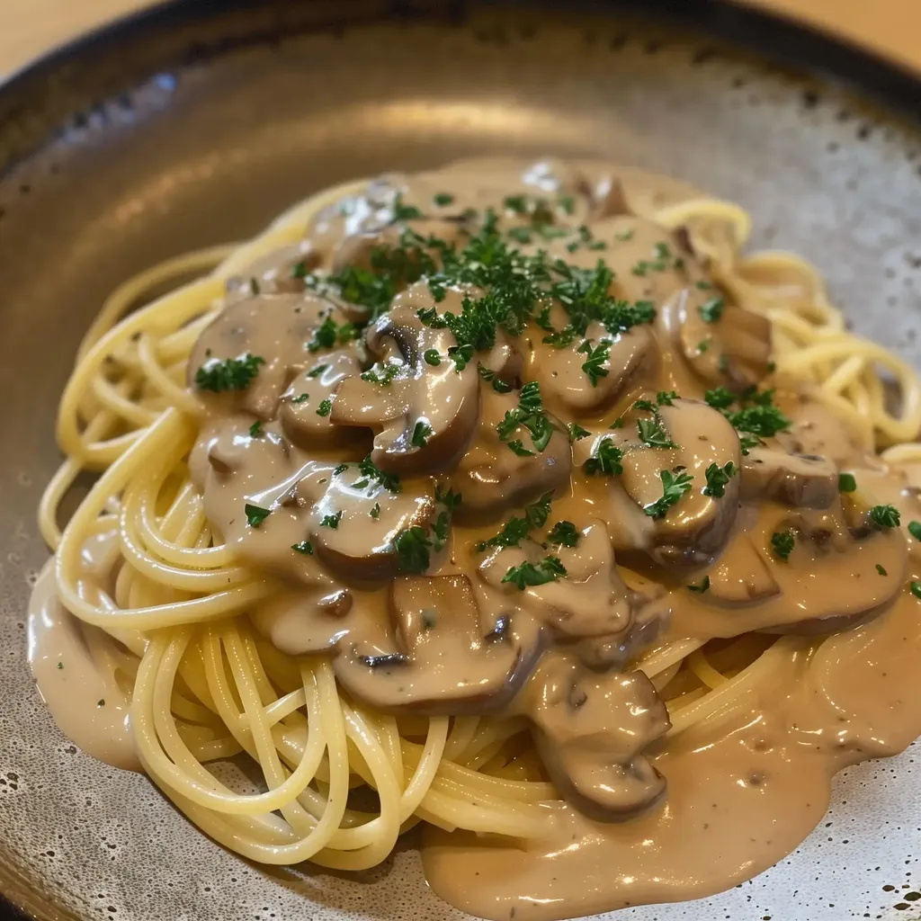 Une assiette de pâtes nappées de sauce crémeuse aux champignons et parsemées de persil frais.