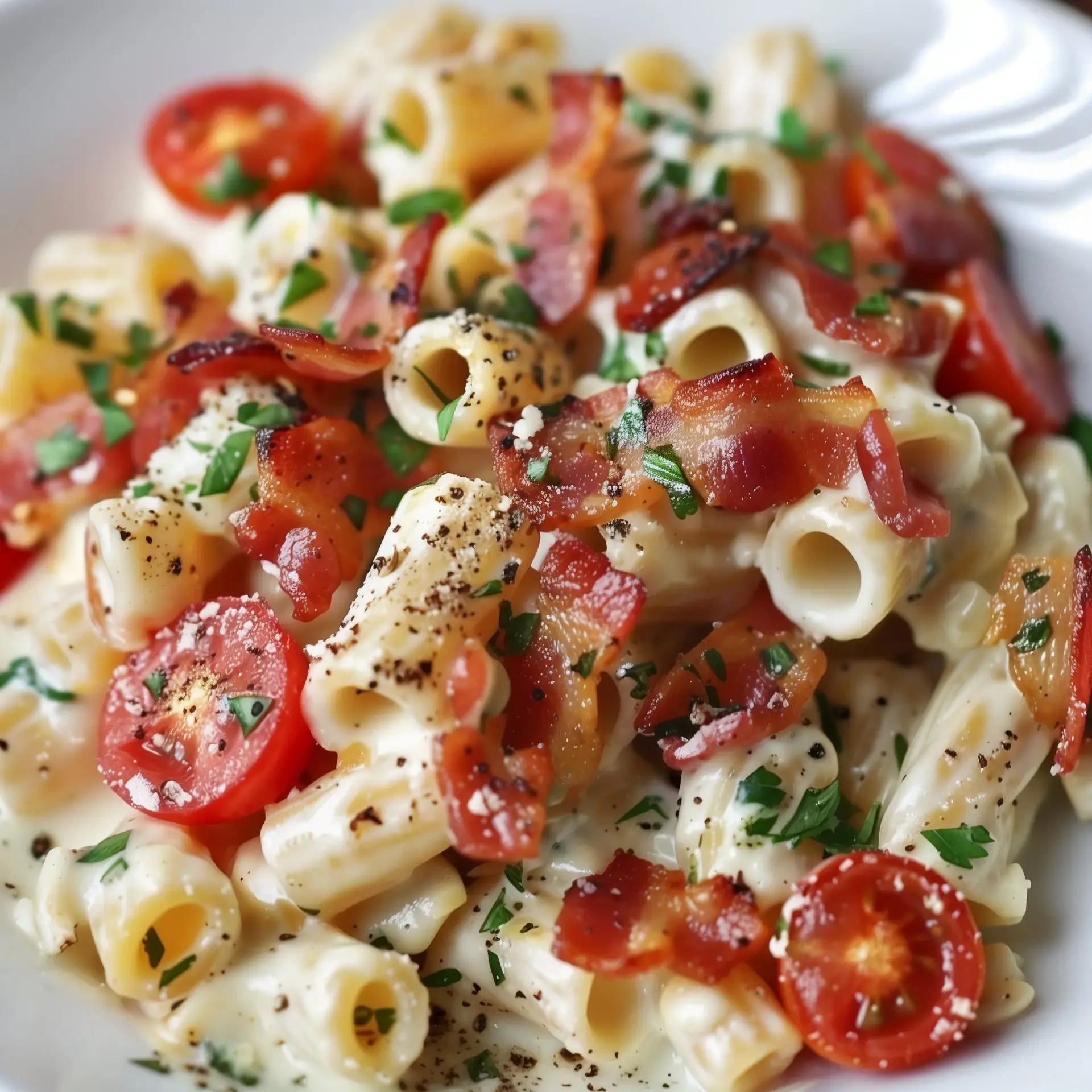 Une assiette de pâtes Boursin avec tomates cerises et lardons fumés.