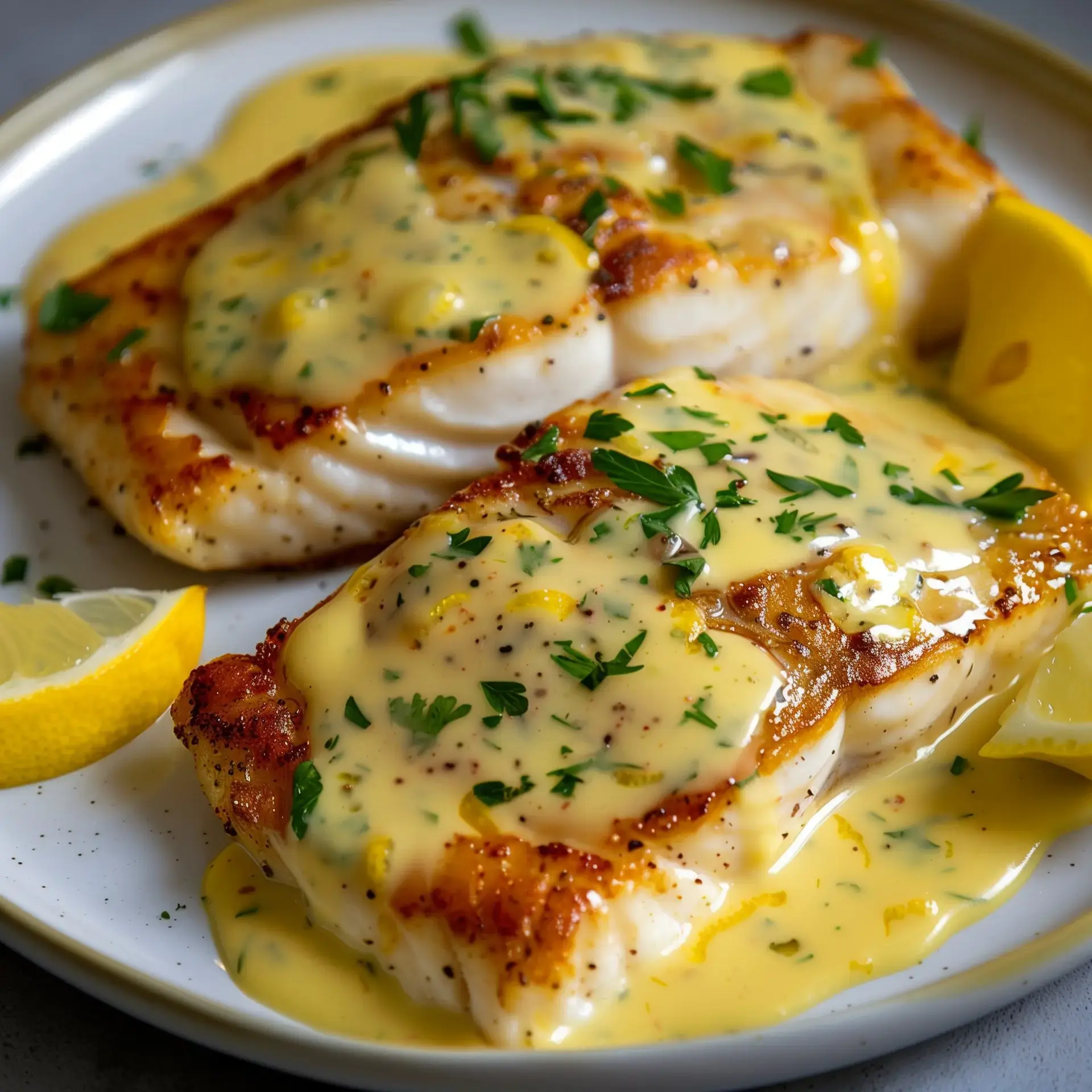 Deux filets de poisson nappés de sauce citron onctueuse et agrémentés de persil frais, accompagnés de tranches de citron.