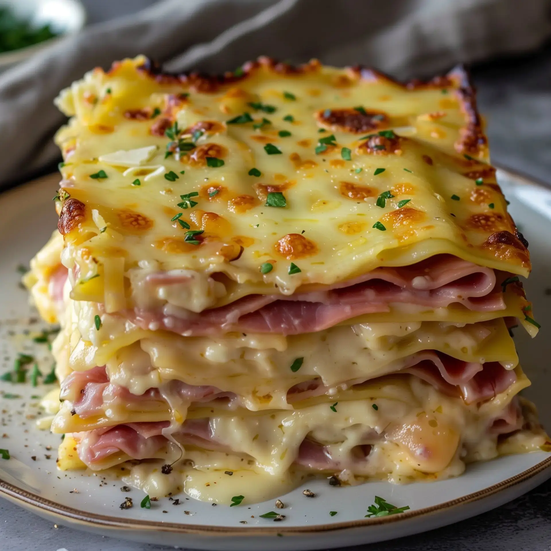 Des lasagnes dorées avec fromage fondu, jambon goûteux et une touche de persil frais.