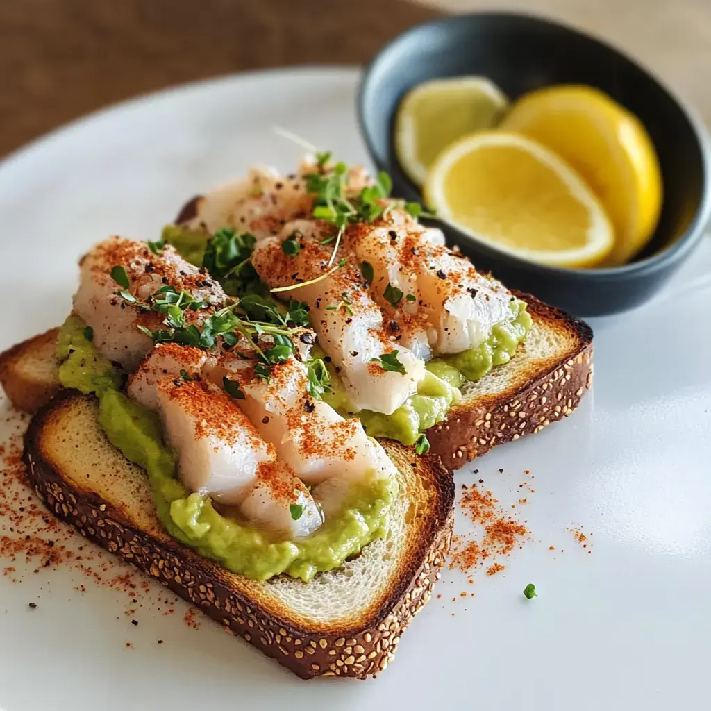 Pain garni d'avocat crémeux, thon savoureux et épices, avec du citron.