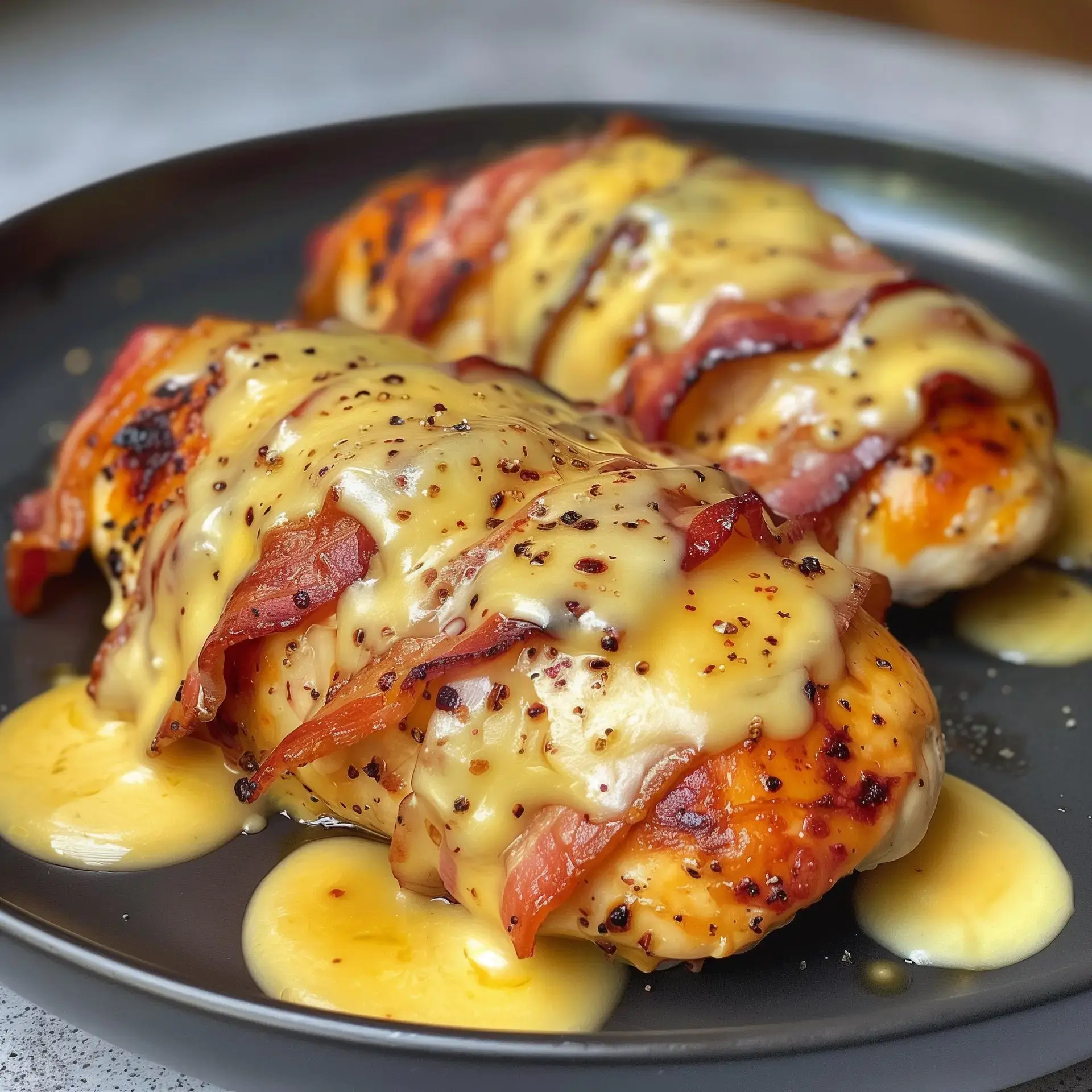 Poulet farci au cheddar et enveloppé de bacon croustillant, présenté sur une assiette noire avec une sauce.