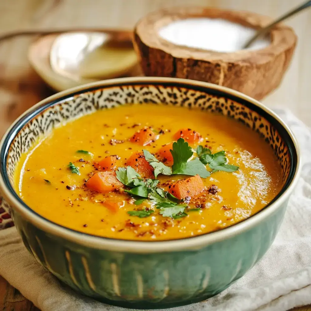 Un bol de soupe dorée avec des morceaux de carotte et de coriandre, accompagné d'un bol de sel en arrière-plan.