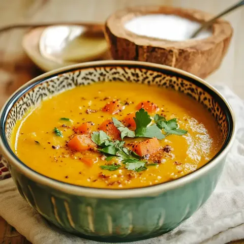 Un bol de soupe dorée avec des morceaux de carotte et de coriandre, accompagné d'un bol de sel en arrière-plan.