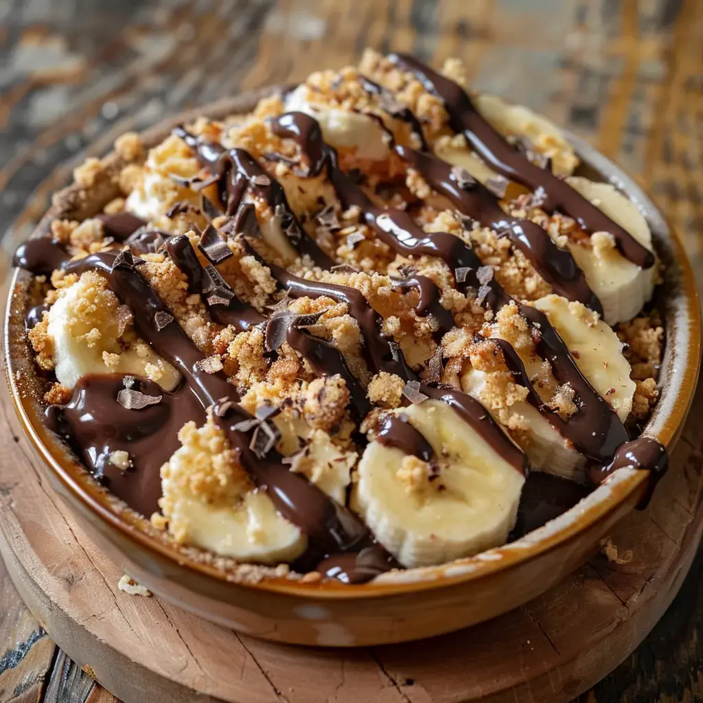 Bol en terre cuite avec des morceaux de banane, du chocolat fondu et un crumble croustillant en topping.