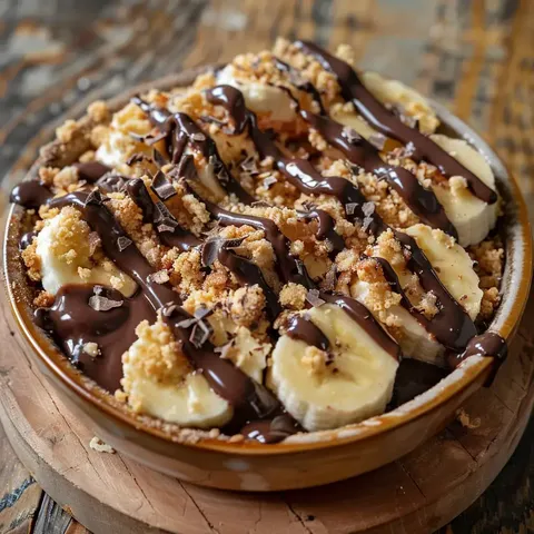 Bol en terre cuite avec des morceaux de banane, du chocolat fondu et un crumble croustillant en topping.
