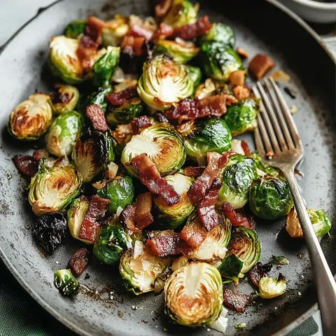 Choux de Bruxelles dorés, accompagnés de bacon croustillant sur une assiette élégante noire.