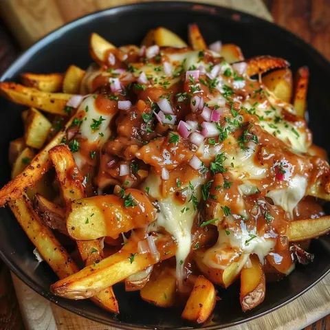 Alt text en français : "Des frites dorées sous une sauce onctueuse, parsemées de fromage fondant, d'oignons rouges et d'une touche de persil."