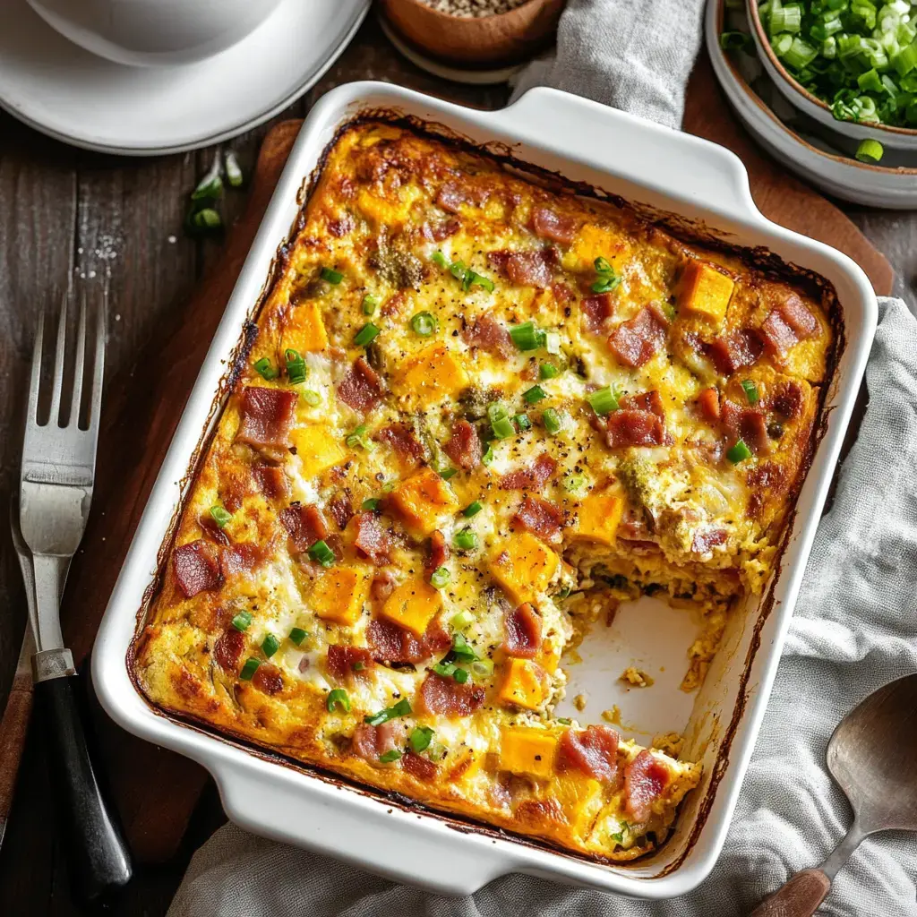 Un plat généreux aux œufs avec bacon, fromage fondu et ciboulette, prêt dans un plat blanc en céramique.
