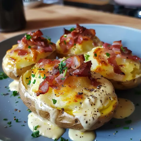 Des pommes de terre farcies avec du lard croustillant, une sauce gourmande et du persil, prêtes sur une assiette.