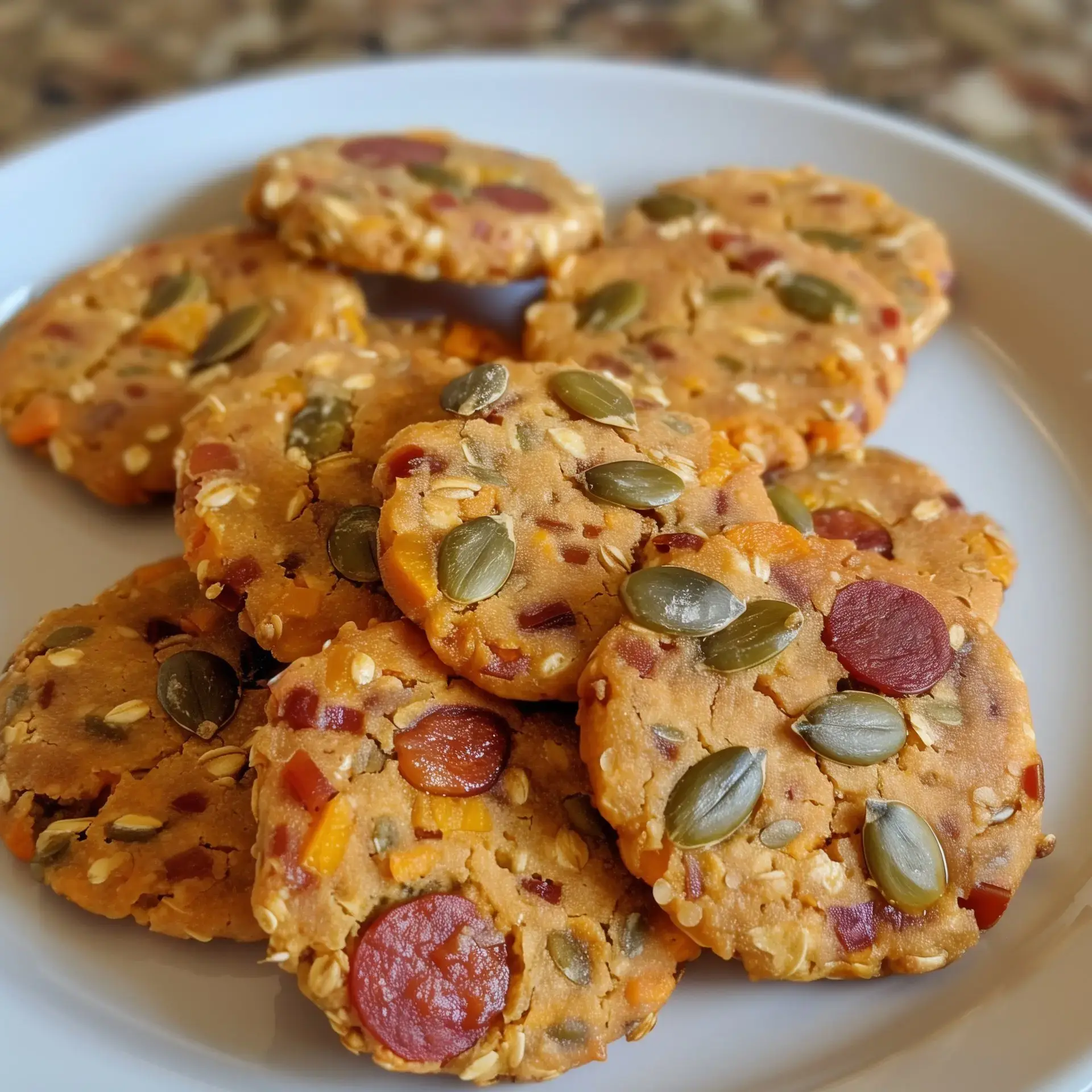 Des biscuits ronds avec graines et fruits secs, joliment posés sur une assiette blanche.
