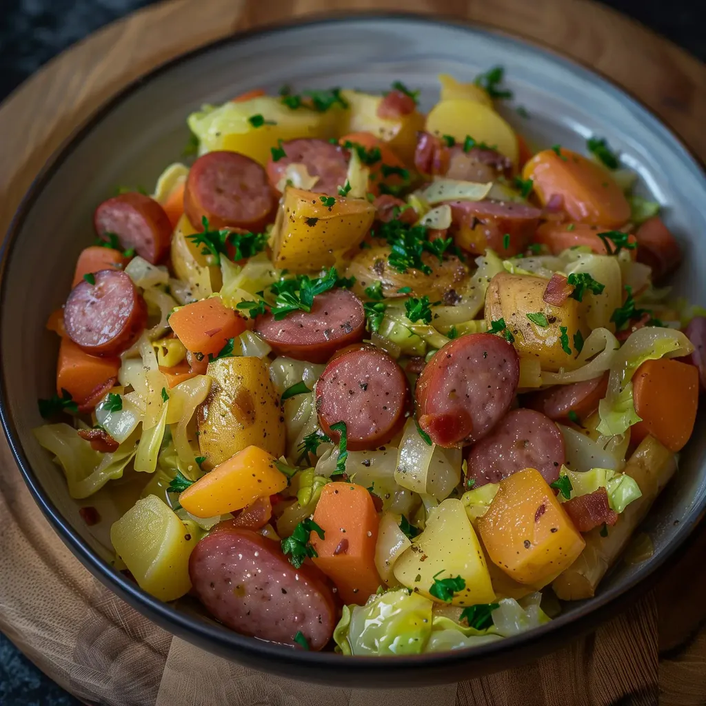 Un mélange rustique de chou tendre et saucisses, prêt à régaler votre table.