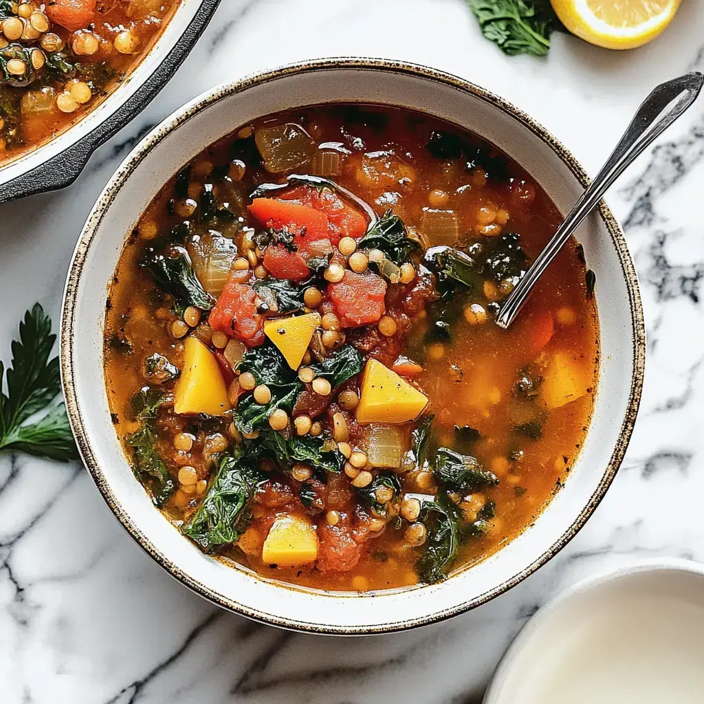 Un bol coloré avec des lentilles, légumes croquants et morceaux de courge, accompagné d'une cuillère argentée.
