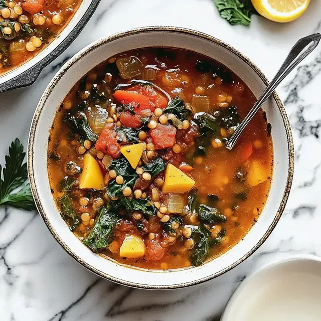 Un bol coloré avec des lentilles, légumes croquants et morceaux de courge, accompagné d'une cuillère argentée.