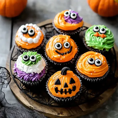 Cupcakes drôlement décorés pour Halloween avec des motifs de citrouilles et des petits monstres.