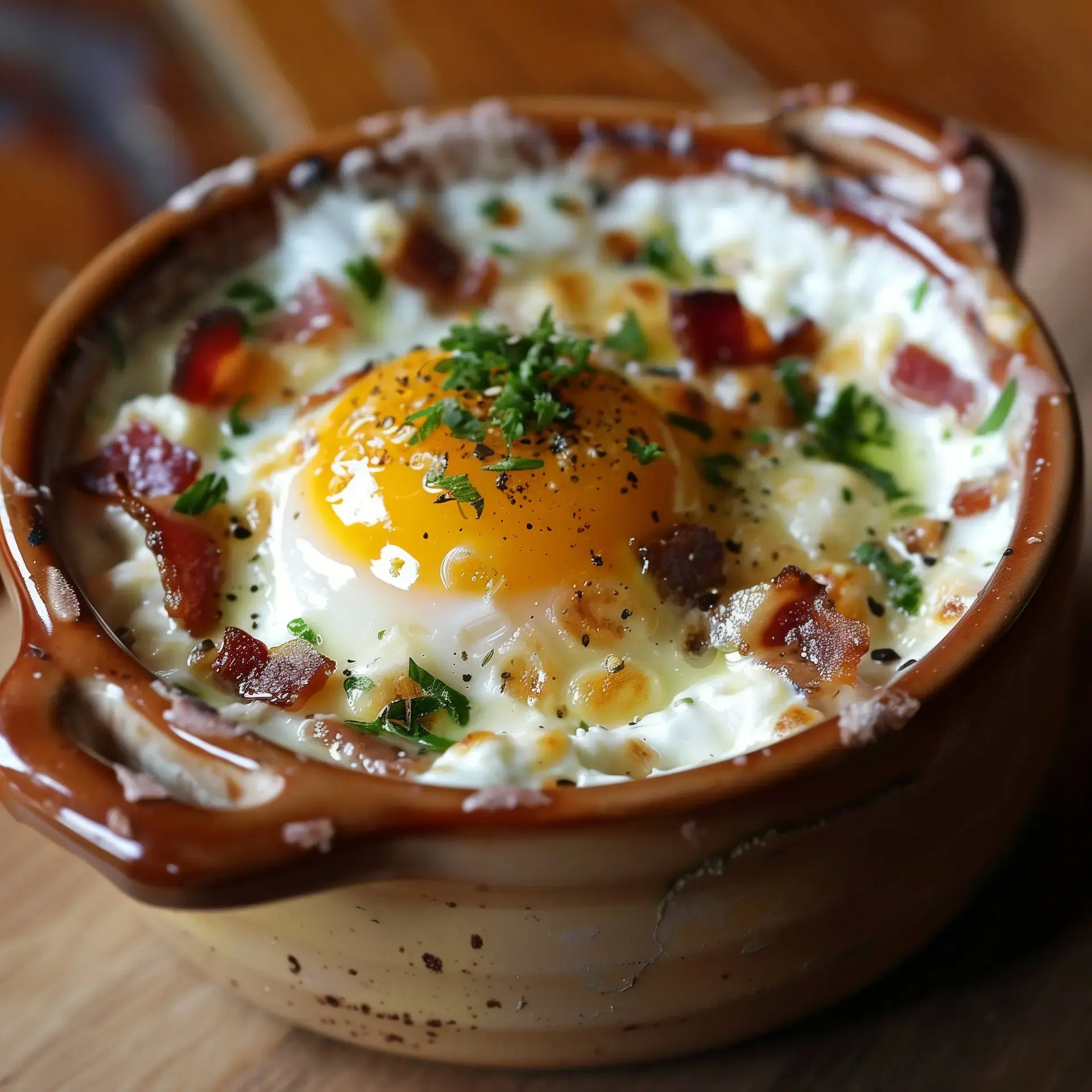 Plat en céramique avec œufs délicats, crème, lardons et du persil frais.