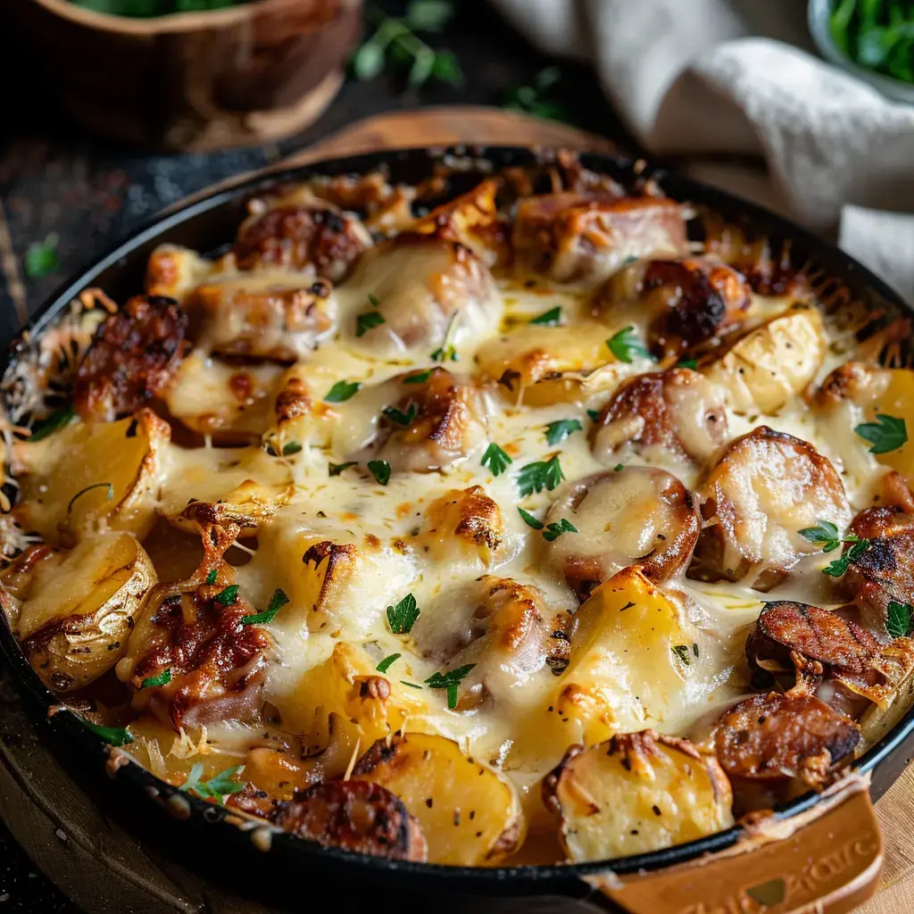 Délicieuse casserole avec saucisse, pommes de terre et fromage gratiné, garnie de persil.