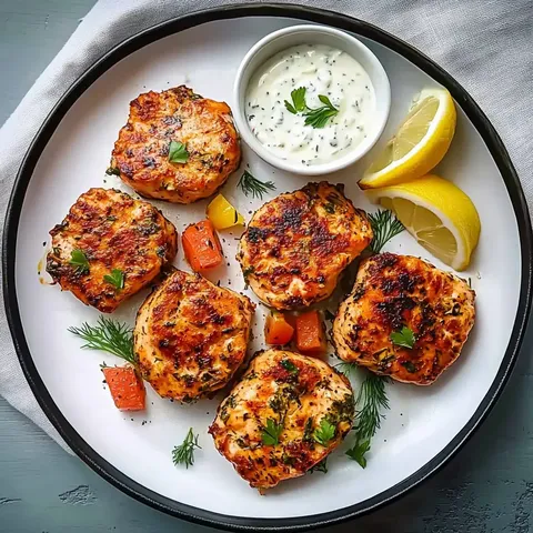 Des galettes au saumon servies avec une sauce crémeuse et une touche de citron, entourées de légumes colorés.