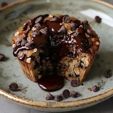 Un muffin doré, garni de pépites chocolatées, avec un filet de chocolat fondu sur une assiette.