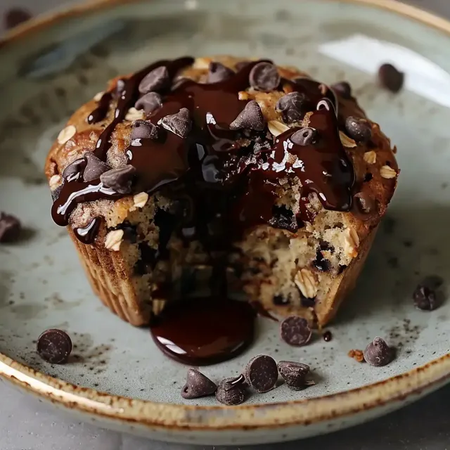 Un muffin doré, garni de pépites chocolatées, avec un filet de chocolat fondu sur une assiette.