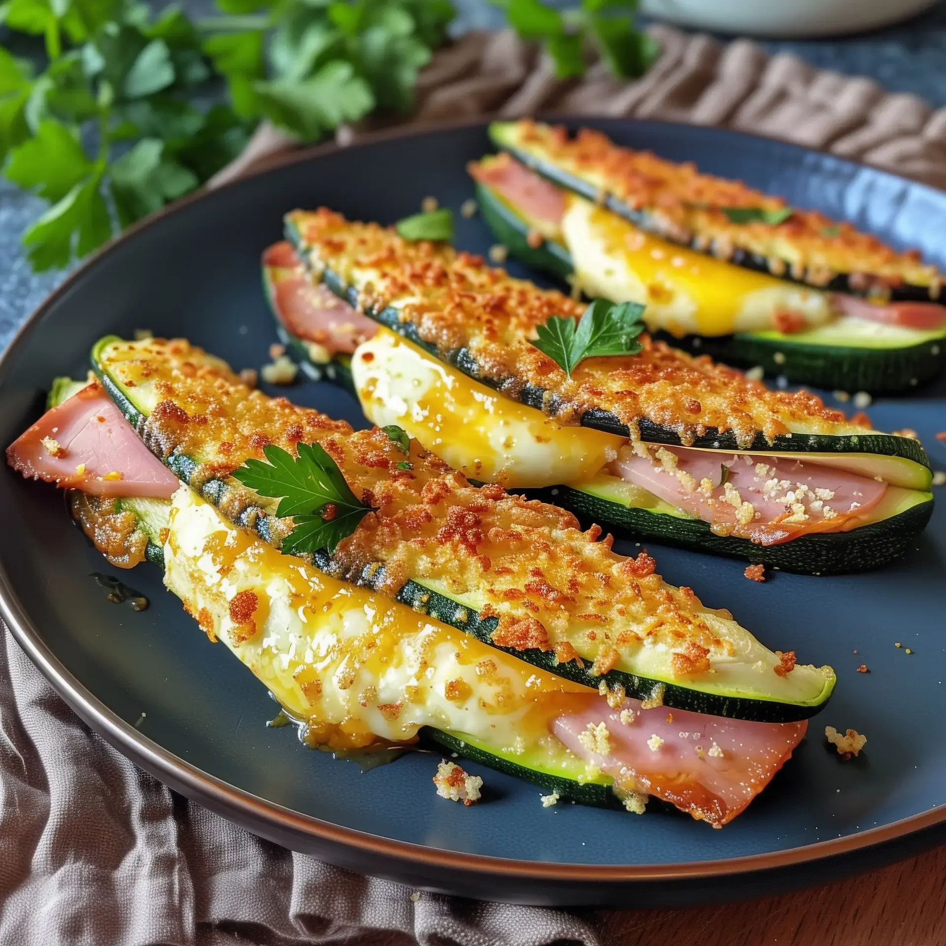 Courgettes farcies au jambon, fromage et œufs, joliment gratinées sur une assiette noire.