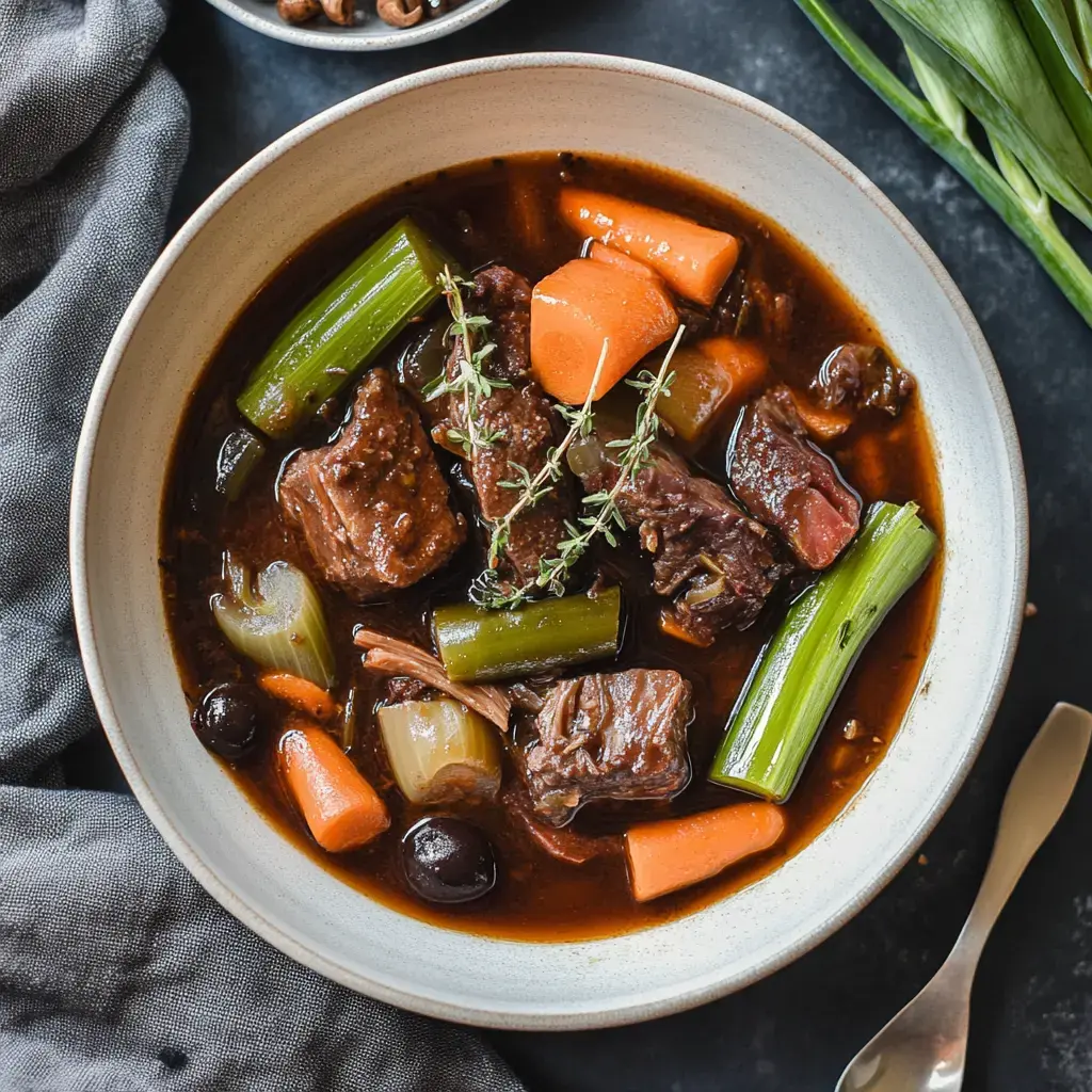 Un ragoût de bœuf mijoté avec des carottes, herbes et céleri, accompagné d'un tissu gris et d'ingrédients disposés à l'arrière-plan.