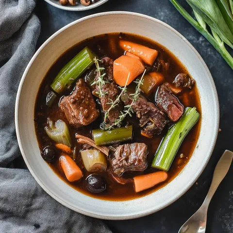Un ragoût de bœuf mijoté avec des carottes, herbes et céleri, accompagné d'un tissu gris et d'ingrédients disposés à l'arrière-plan.